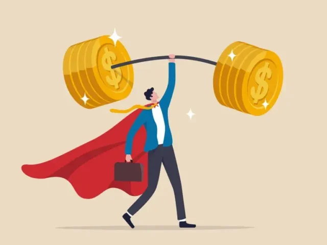 Illustration of a person in a suit and cape, holding a briefcase, lifting a barbell with large gold coins as weights.